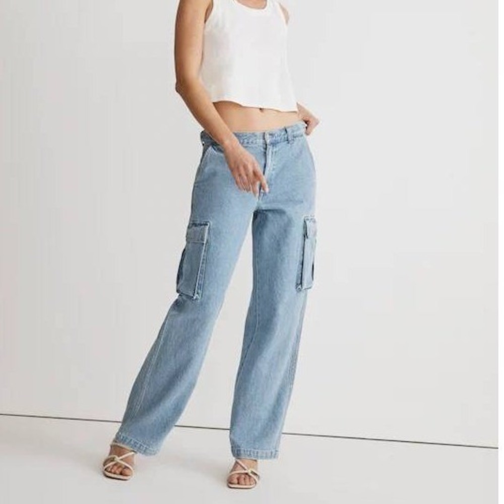 Madewell Low-Slung Straight Cargo Jeans Women's 30 Light Blue Wash Utility
